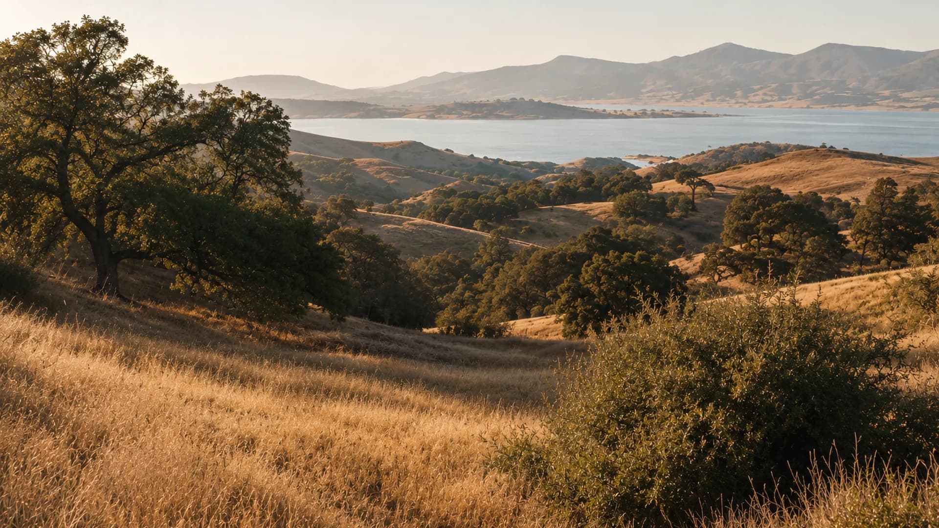 Golden California hills with oak groves, a distant lake, and mountains